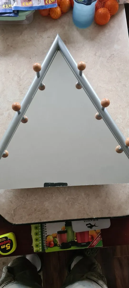 Triangular hall mirror with hat hangers on side 60