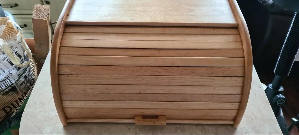 Wooden Bread Bin with Sliding Lid, Dense Wood, Bro - Image 1