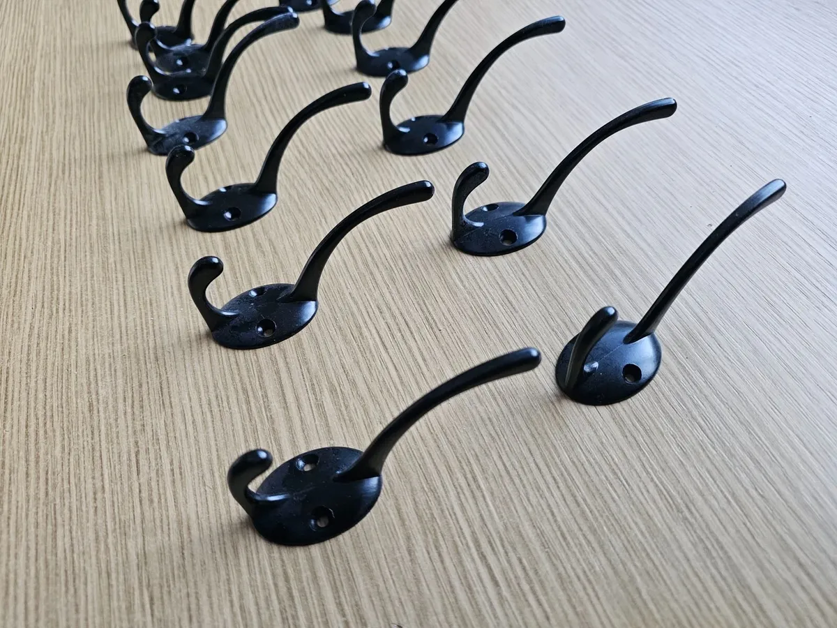 12 Coat Hooks hanger double hook black die cast - Image 1