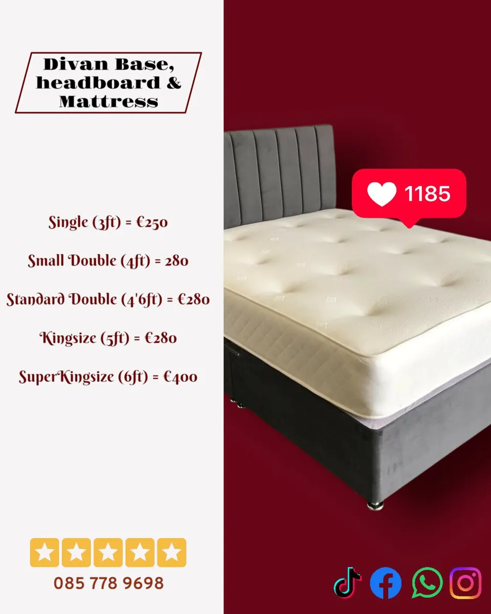 New Grey Divan Base, Headboard & Mattresses