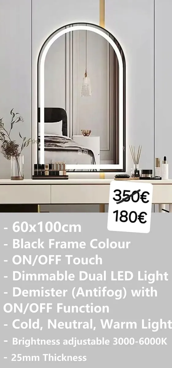LED Bathroom Mirror 60x100cm Antifog Black Frame - Image 1