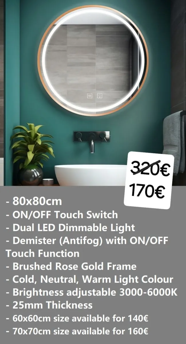 LED Bathroom Mirror 80cm Round Gold Frame Demister - Image 1