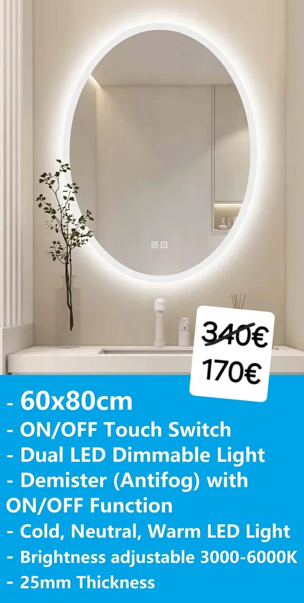 LED Bathroom Mirror Touch Switch Makeup Antifog - Image 1