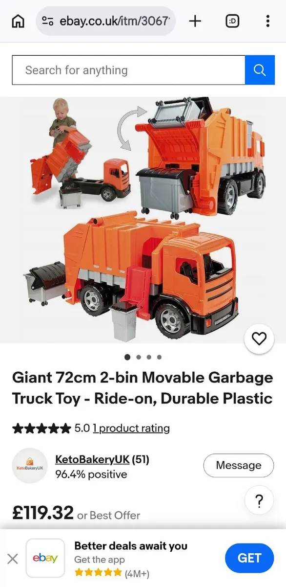 Giant Garbage truck ride-on with 2 movable bins - Image 2