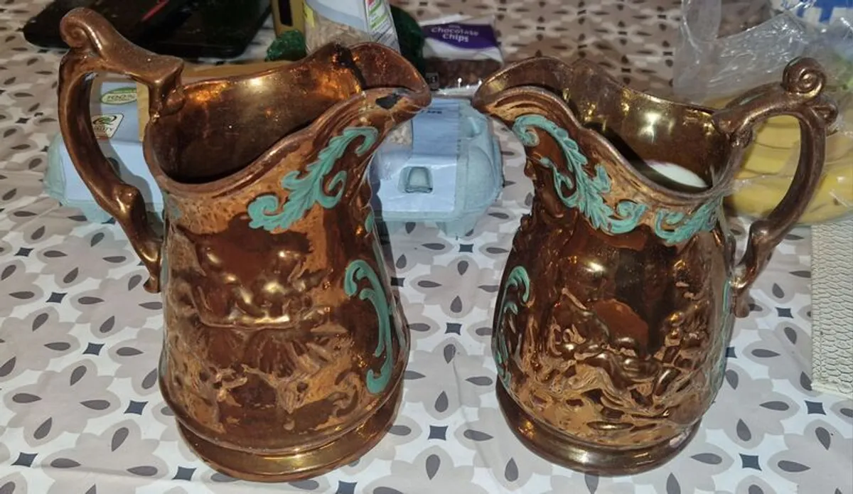 Pair of Genuine Antique Staffordshire Copper Lustre Jugs (c.1850) - Image 1
