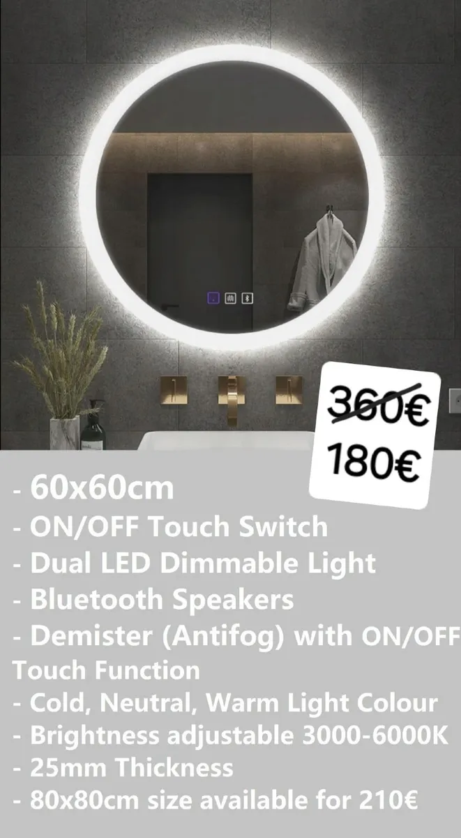 LED Bathroom Mirror Bluetooth Speakers Antifog - Image 1