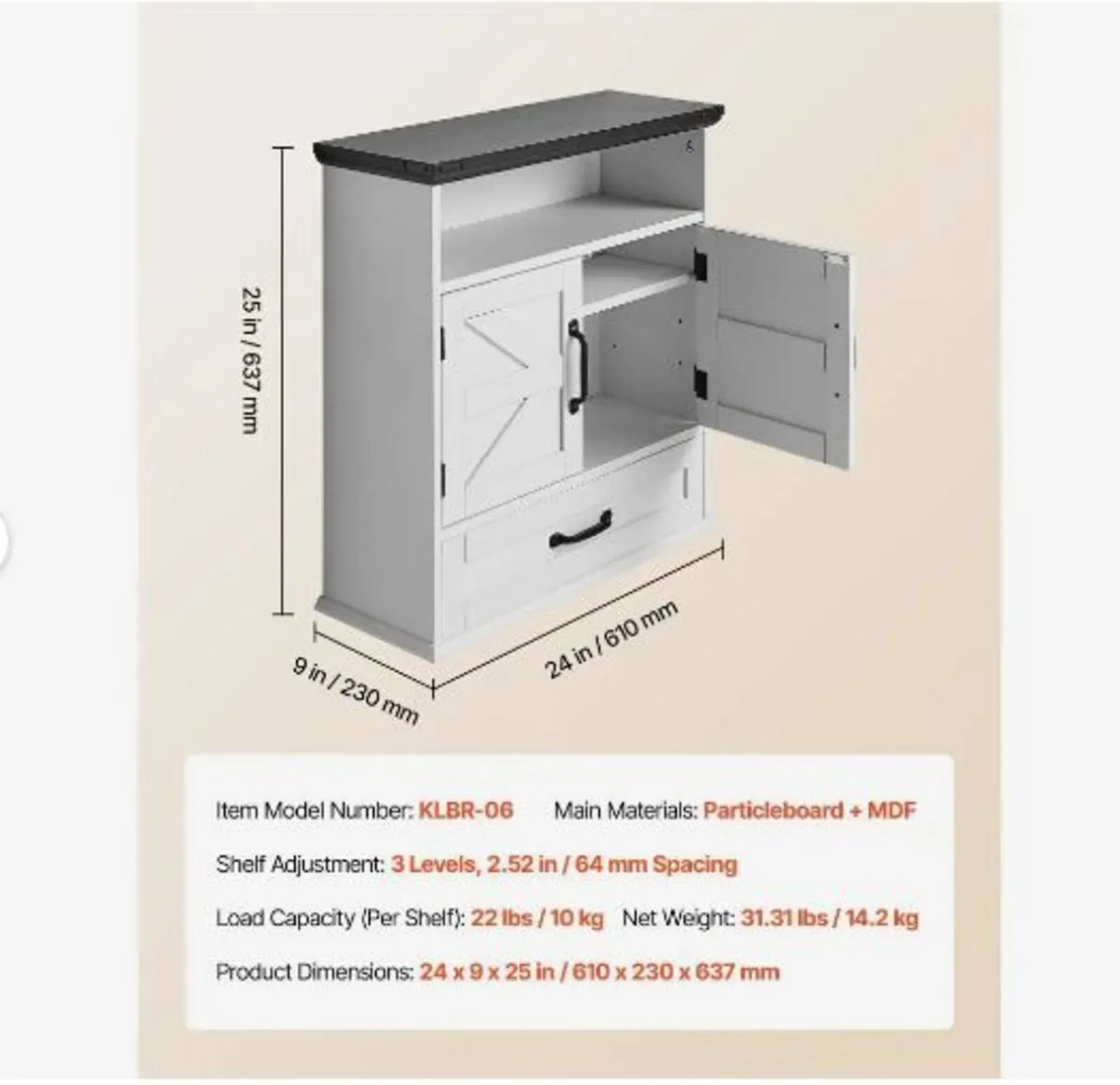 Bathroom Wall Cabinet, 2 Doors & Adjustable Shelf - Image 4