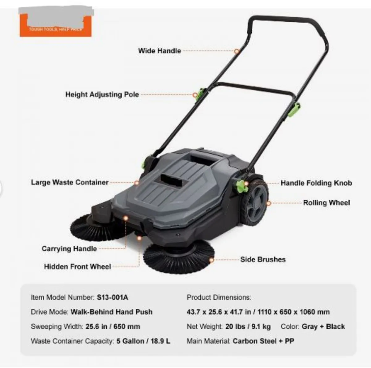 Walk-behind Hand Push Floor Sweeper, 65 cm - Image 2