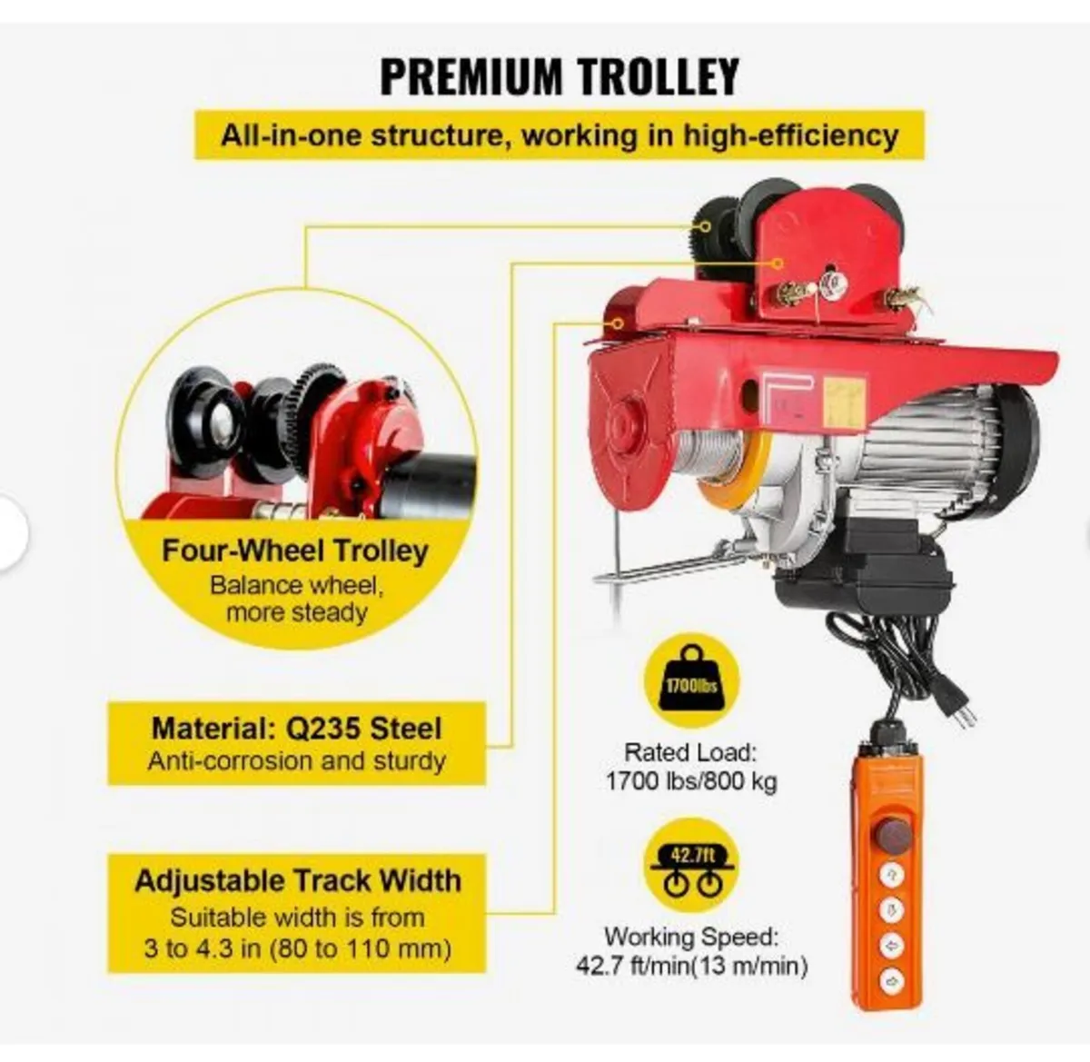800Kg/1700Lbs Electric Trolley Hoist 1300W - Image 3