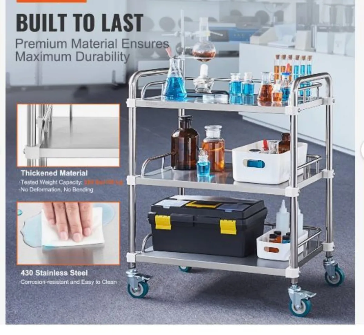 Lab Rolling Cart, 3-Shelf Stainless Steel Rolling - Image 2