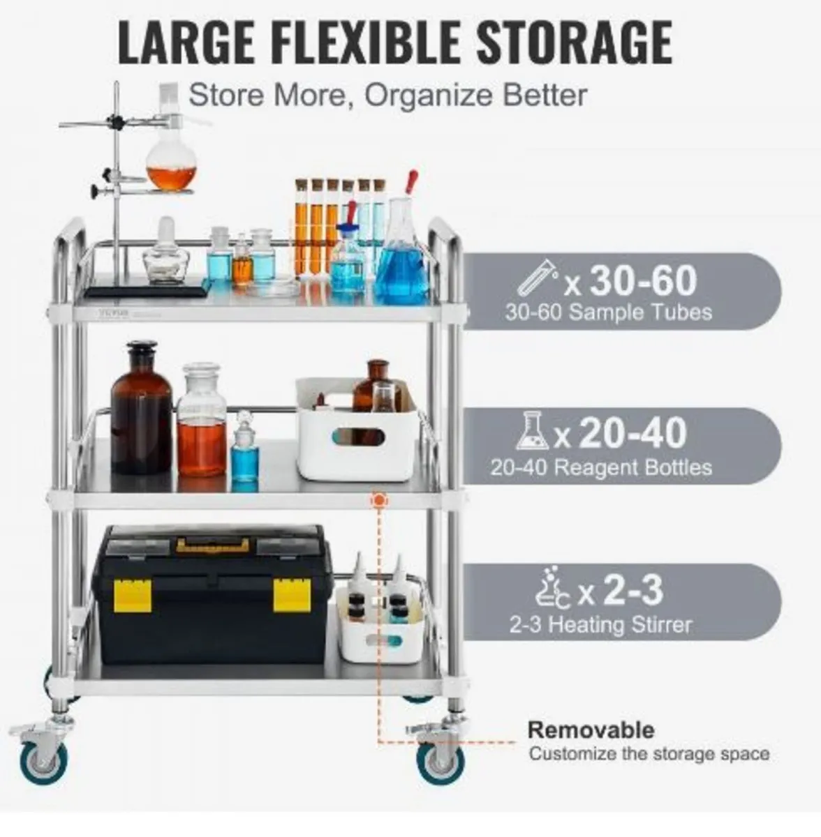 Lab Rolling Cart, 3-Shelf Stainless Steel Rolling - Image 4