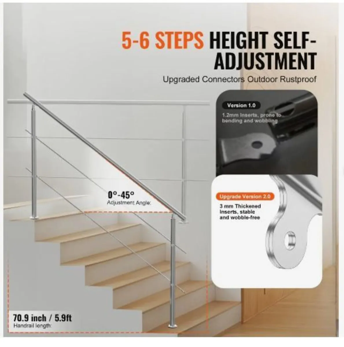 180.1 cm Handrails for Outdoor Steps 2 Crossbars - Image 2