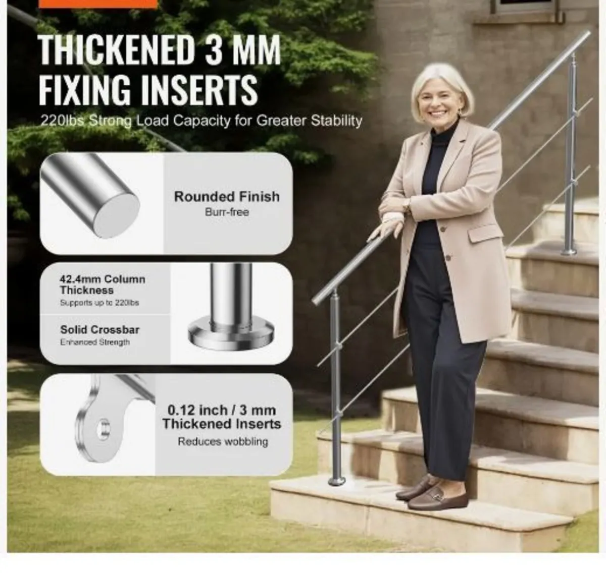 180.1 cm Handrails for Outdoor Steps 2 Crossbars - Image 3