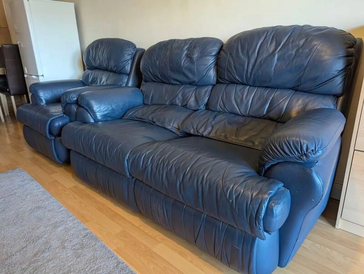 Navy Blue Leather 3-Piece Suite - 3-Seater Sofa & 2 Armchairs (Reclining) - Image 2