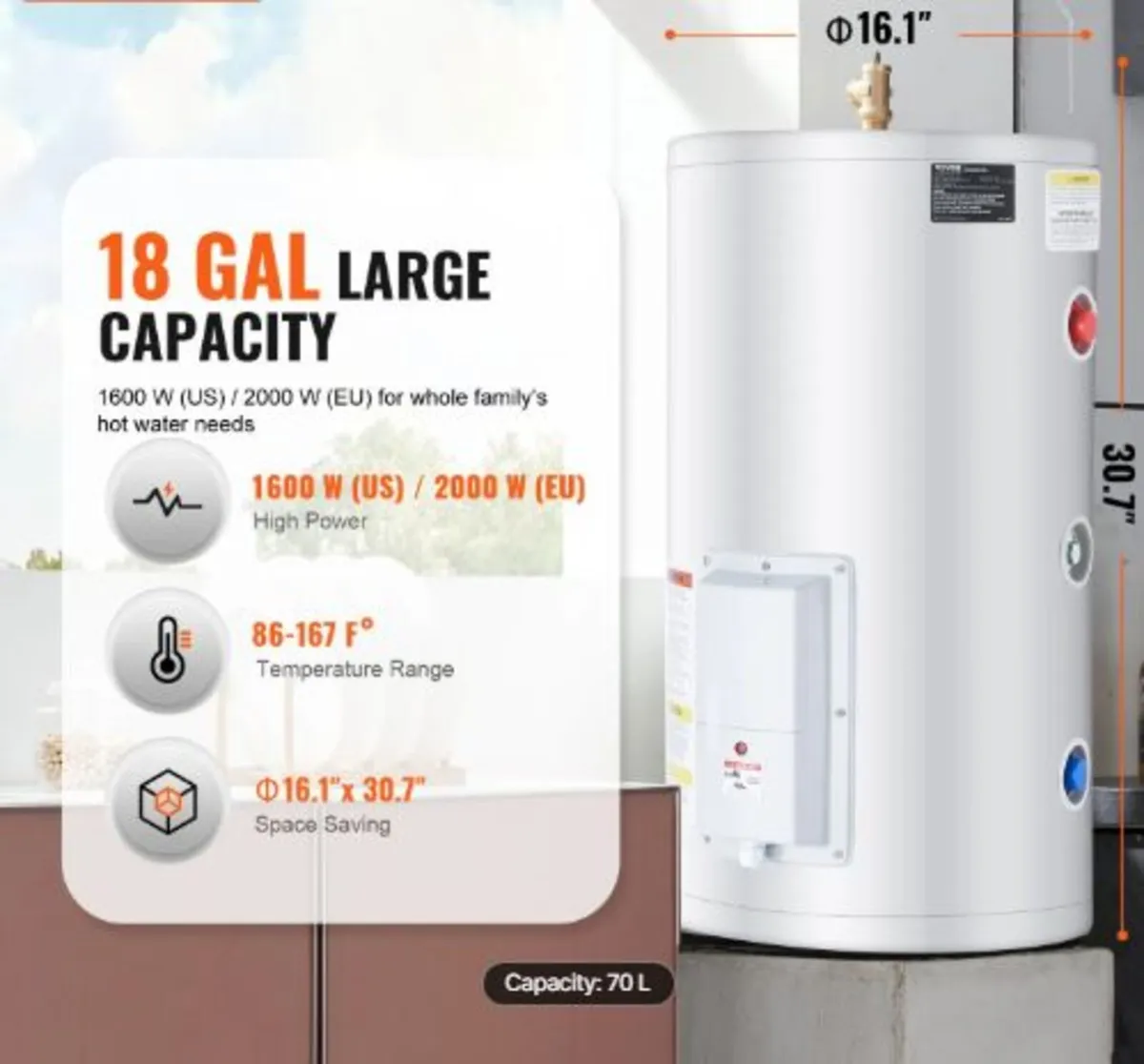 Electric Water Heater, 18 Gallon Tank Instant Hot - Image 2
