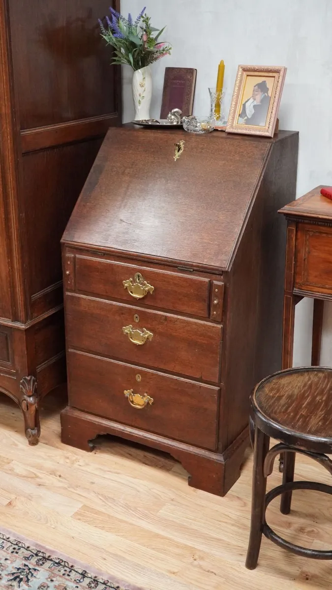 Victorian Solid Oak Drop-Front Bureau Writing Desk - Image 2