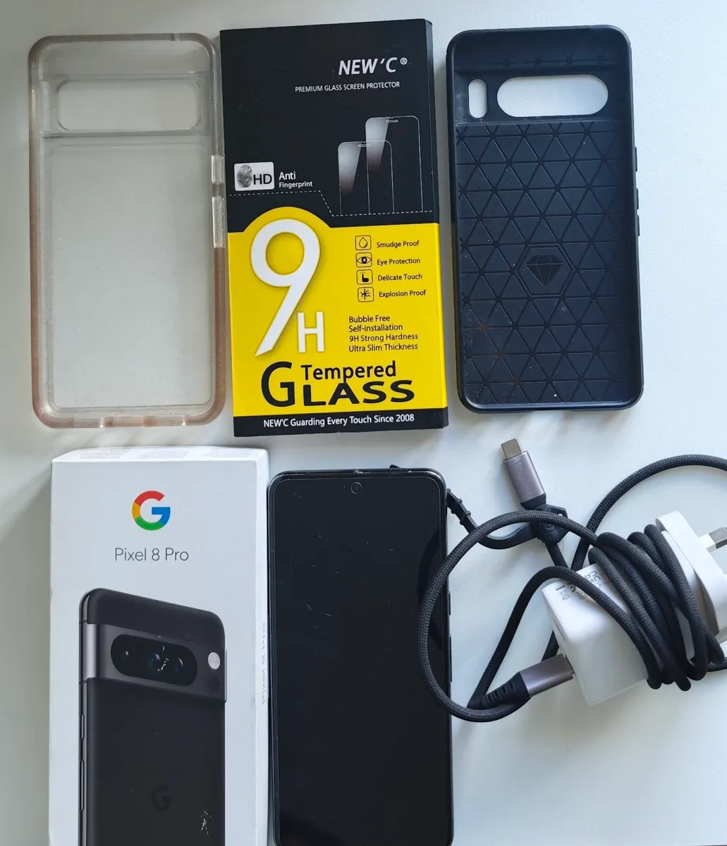 Unlocked Pixel 8 Pro + charger, cases, box + more - Image 1