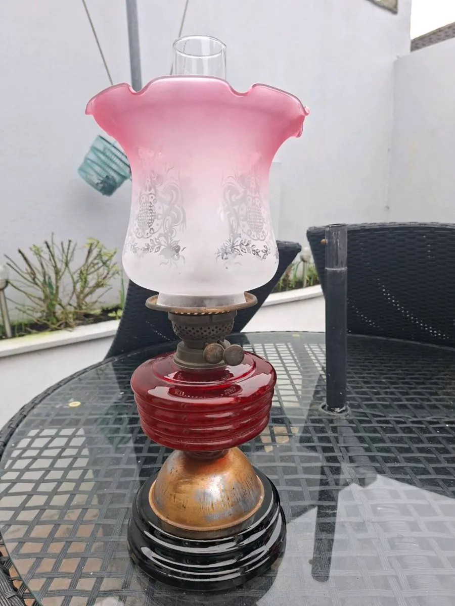 Antique Victorian British made Cranberry Oil Lamp - Image 1