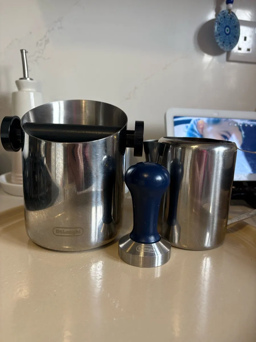 DeLonghi tamper box, tamper and stainless jug - Image 1