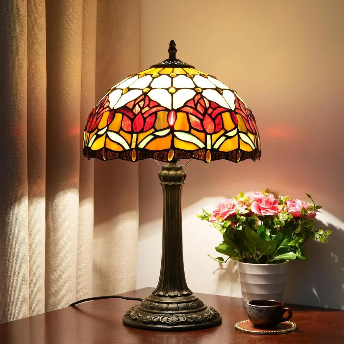 Red Tulip Tiffany Style Stained Glass Table Lamp - Image 1