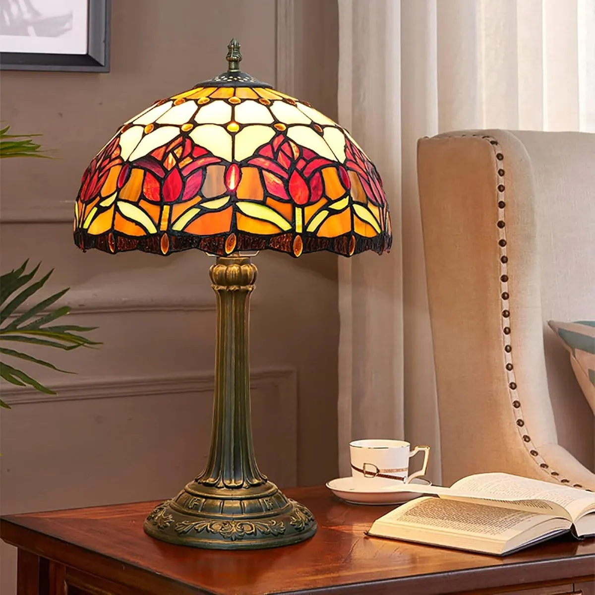 Red Tulip Tiffany Style Stained Glass Table Lamp - Image 2