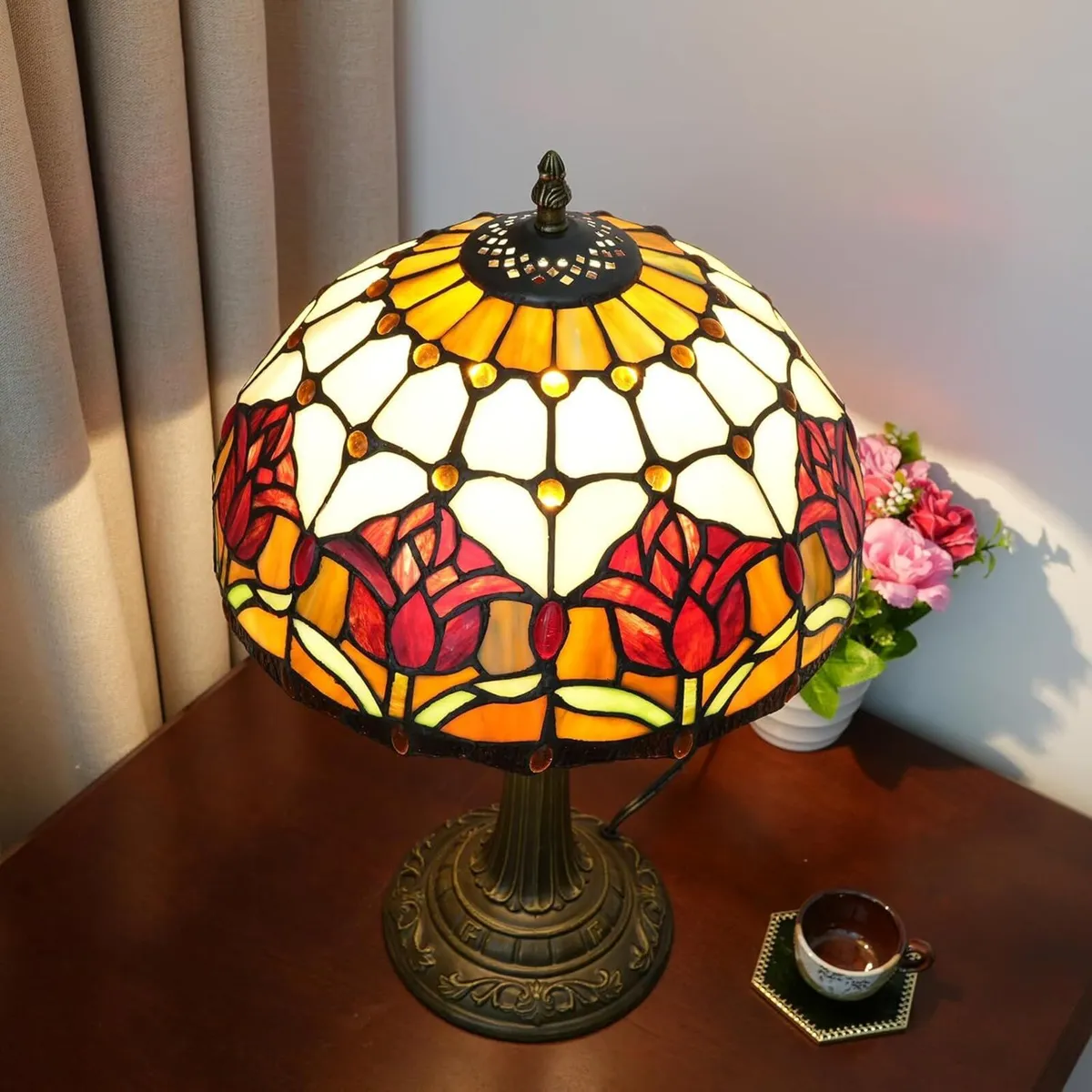Red Tulip Tiffany Style Stained Glass Table Lamp - Image 4
