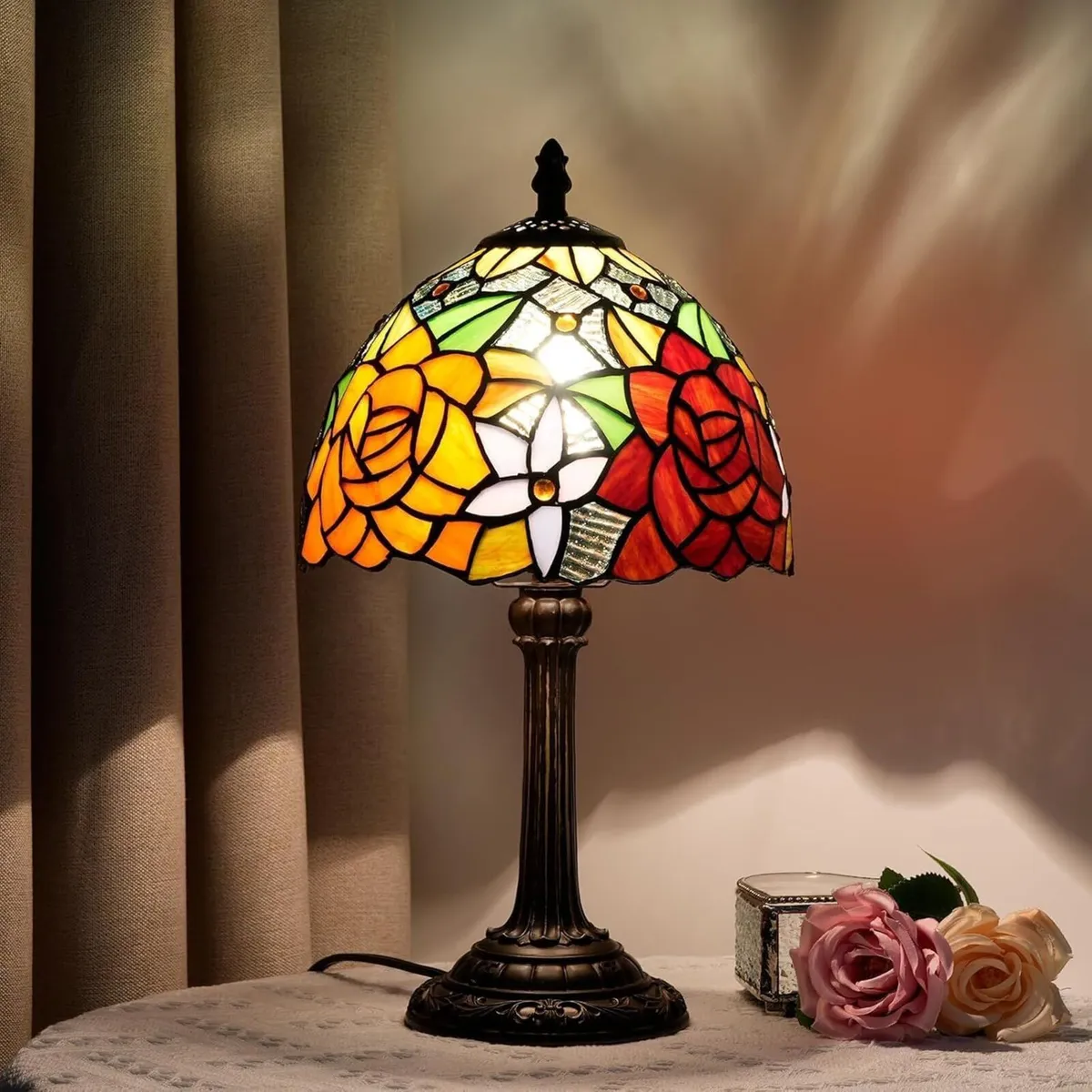 Tiffany Lamp - Rose Flower Stained Glass Table - Image 2