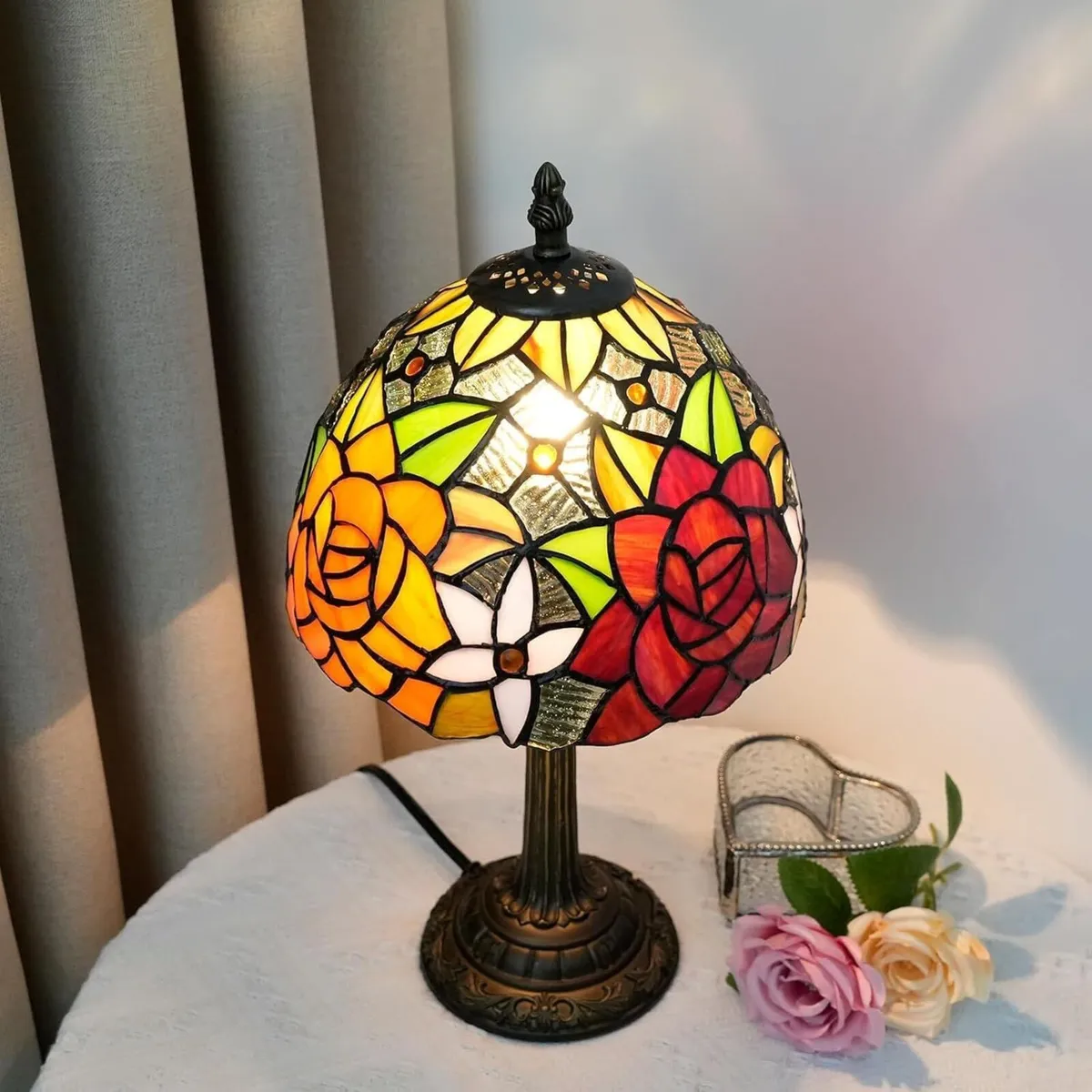 Tiffany Lamp - Rose Flower Stained Glass Table - Image 3