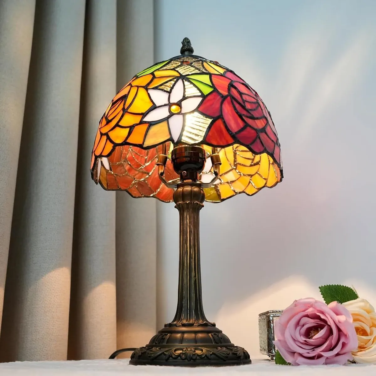 Tiffany Lamp - Rose Flower Stained Glass Table - Image 4