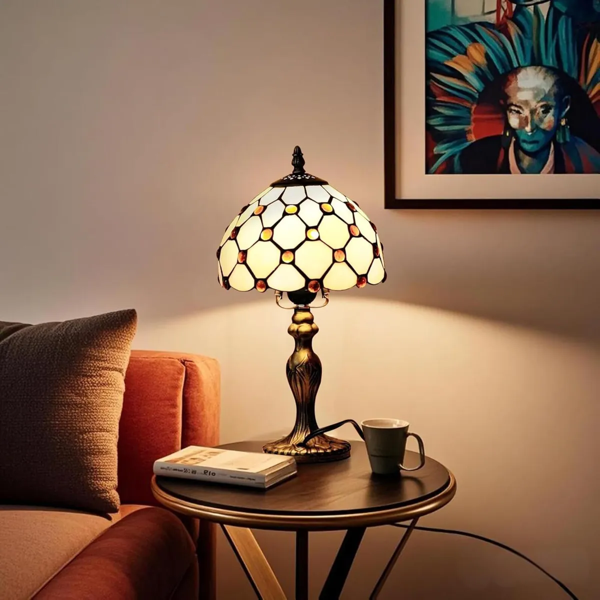 Tiffany Lamp 8 Yellow Beads Stained Glass Table - Image 4