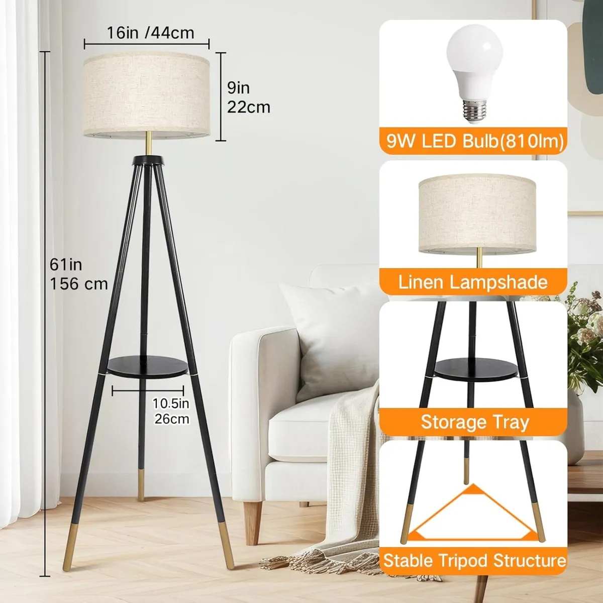 Solid Wooden Tripod Floor Lamp Bulb Included - Image 4