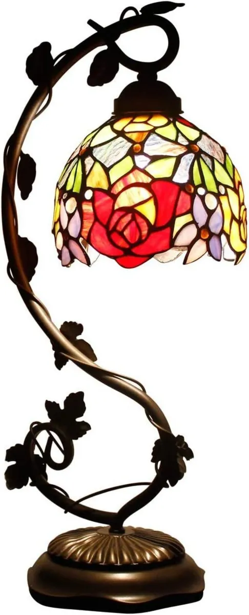 Tiffany Table Lamp Red Rose Style Stained Glass - Image 1