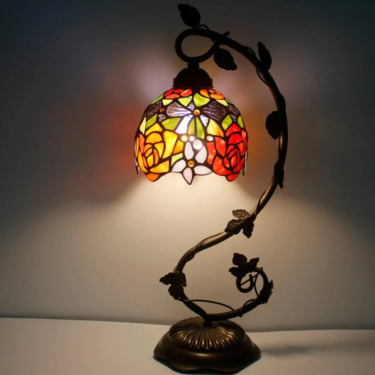 Tiffany Table Lamp Red Rose Style Stained Glass - Image 2