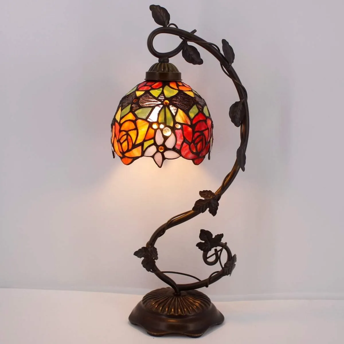 Tiffany Table Lamp Red Rose Style Stained Glass - Image 3