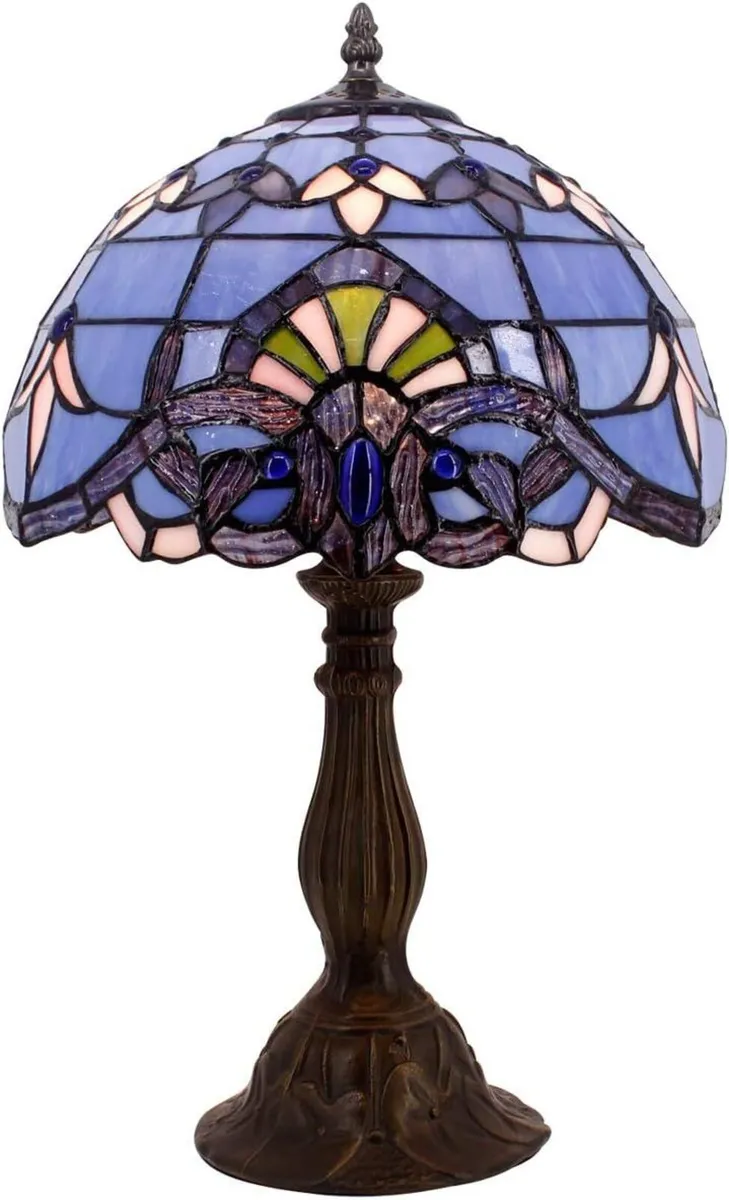 Tiffany Lamp Blue Purple Stained Glass Table - Image 1