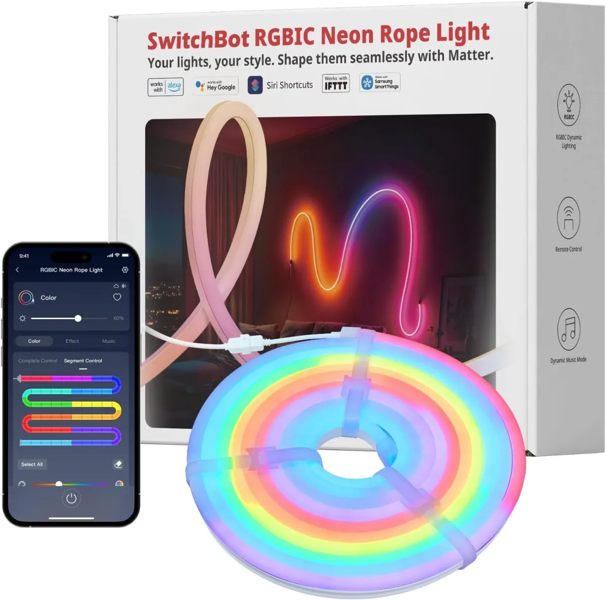RGBIC Neon Rope Light 5M Matter LED Strip Works - Image 1