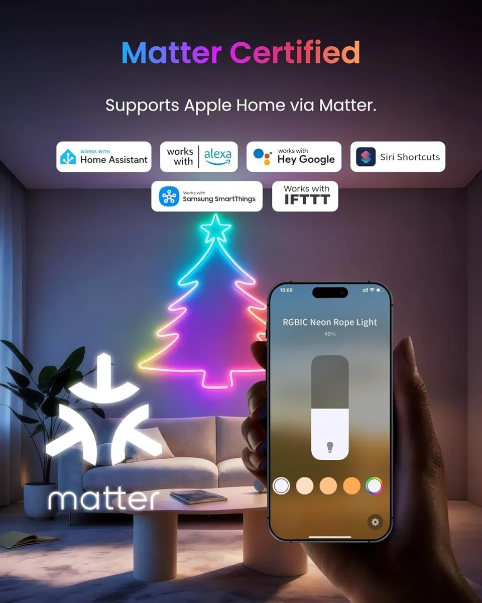 RGBIC Neon Rope Light 5M Matter LED Strip Works - Image 2