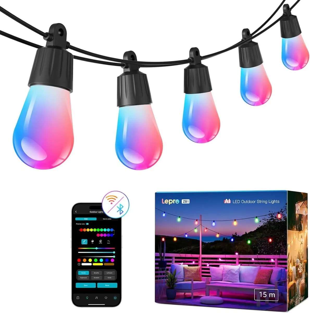 AI Smart Outdoor String Lights 15m Festoon - Image 1