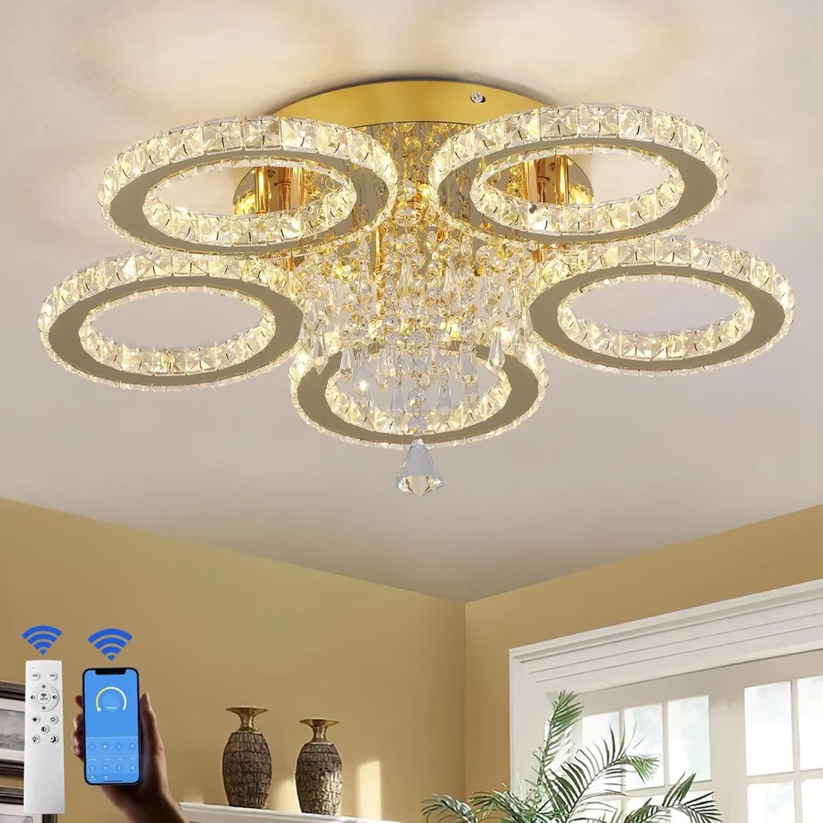 Modern Crystal Chandelier 5-Ring LED Lighting - Image 1