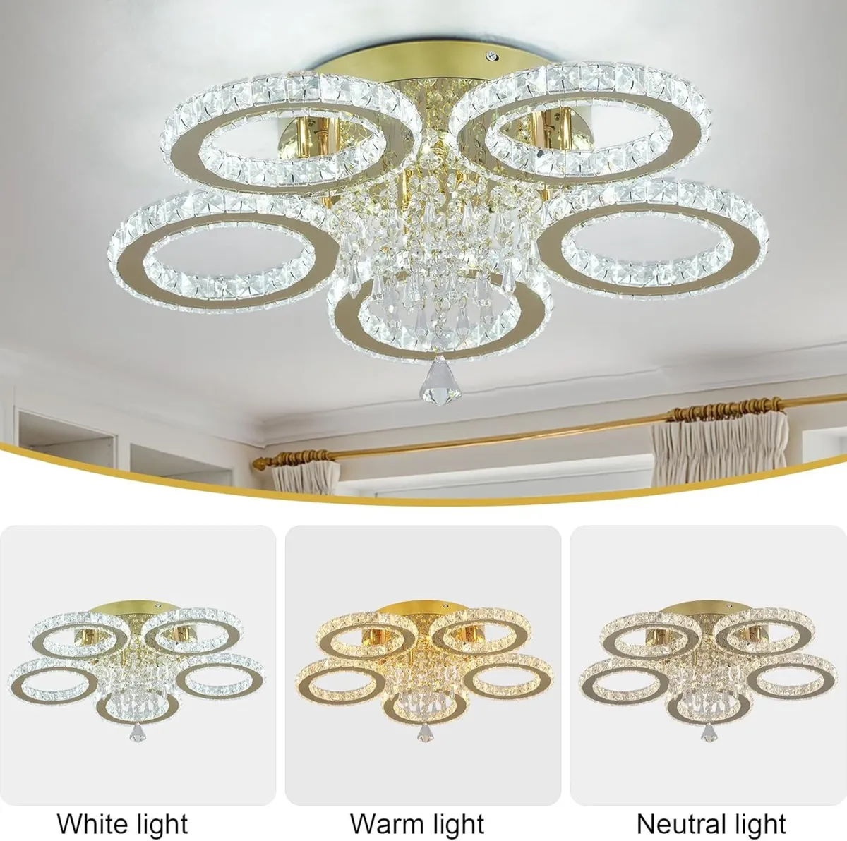 Modern Crystal Chandelier 5-Ring LED Lighting - Image 3