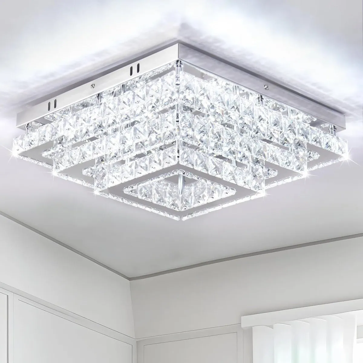 Crystal LED Ceiling Light 3-Tier Square Modern - Image 1