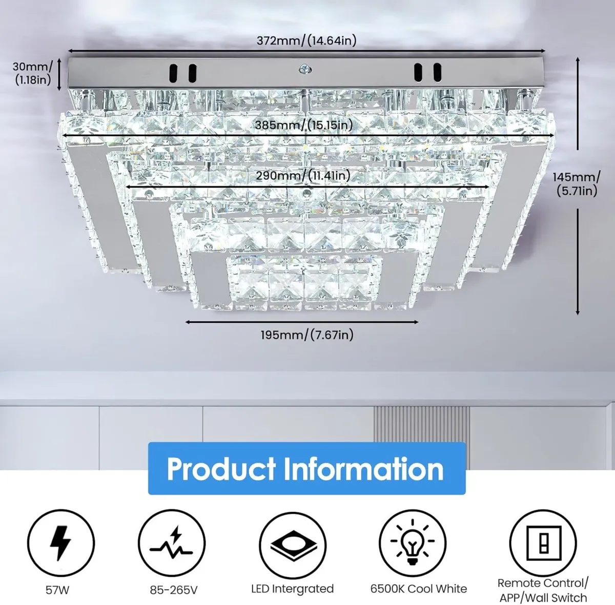Crystal LED Ceiling Light 3-Tier Square Modern - Image 2