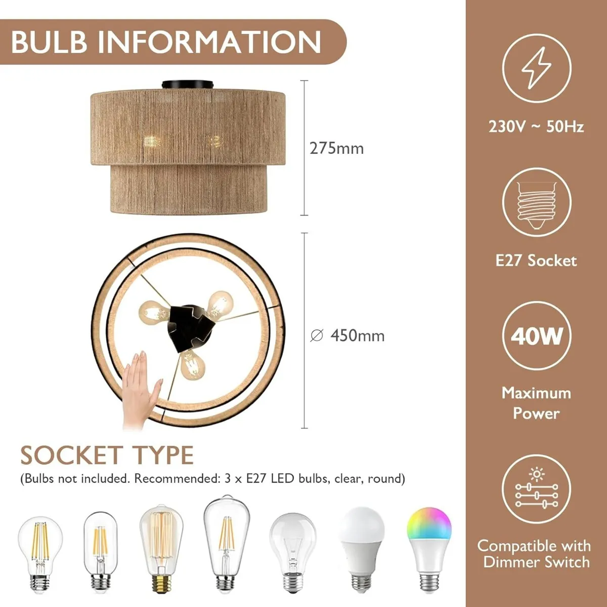 Boho Ceiling Light Ø45cm – 3-Light Rattan Lamp - Image 2