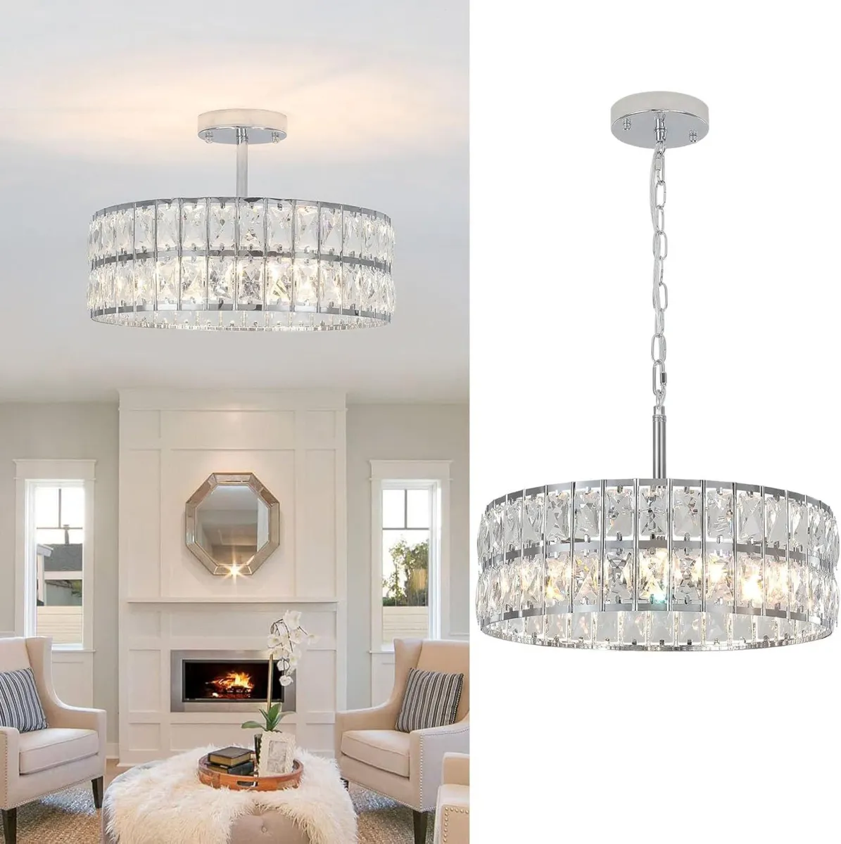 Chrome Metal Round Crystal Pendant Light Adjustabl - Image 1