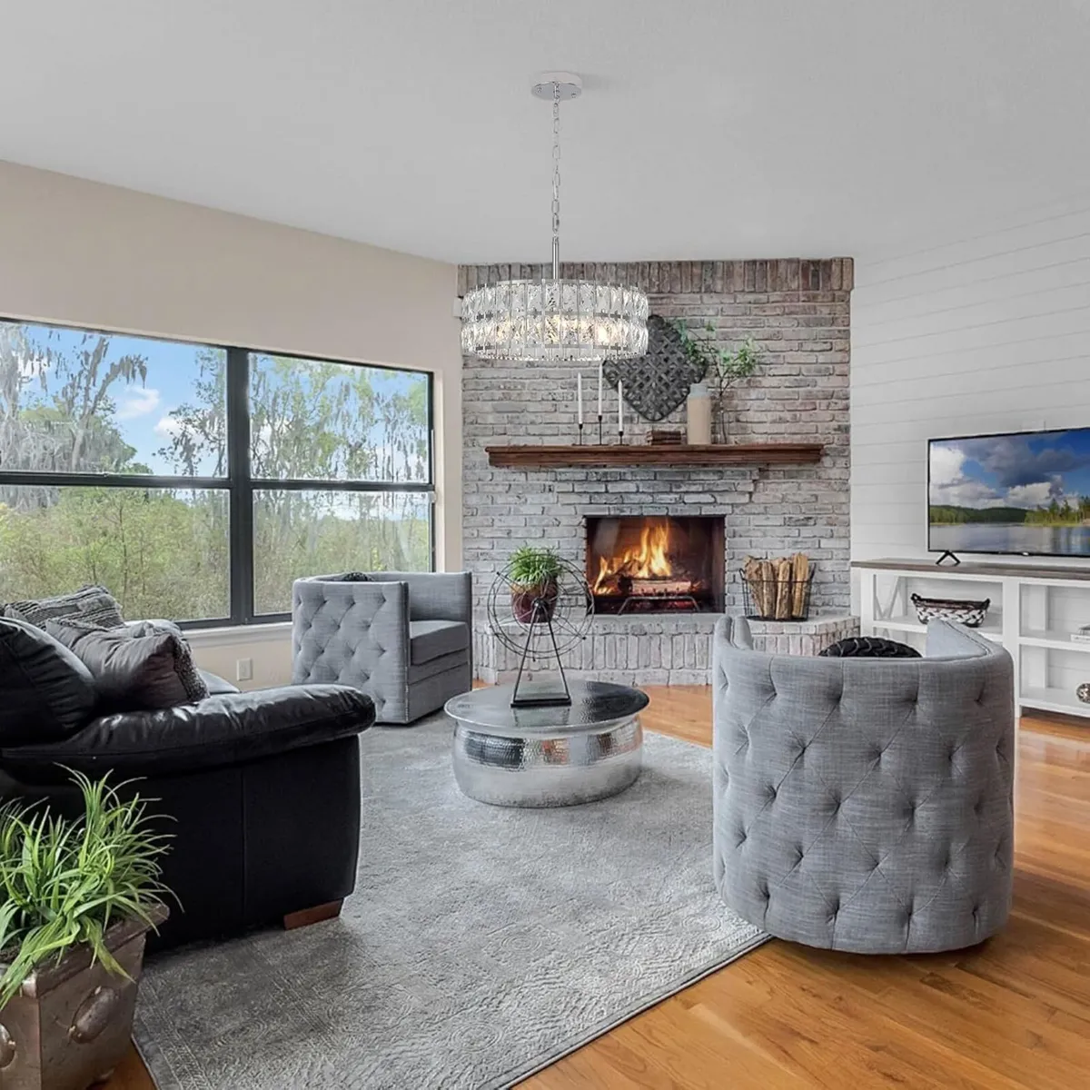 Chrome Metal Round Crystal Pendant Light Adjustabl - Image 2