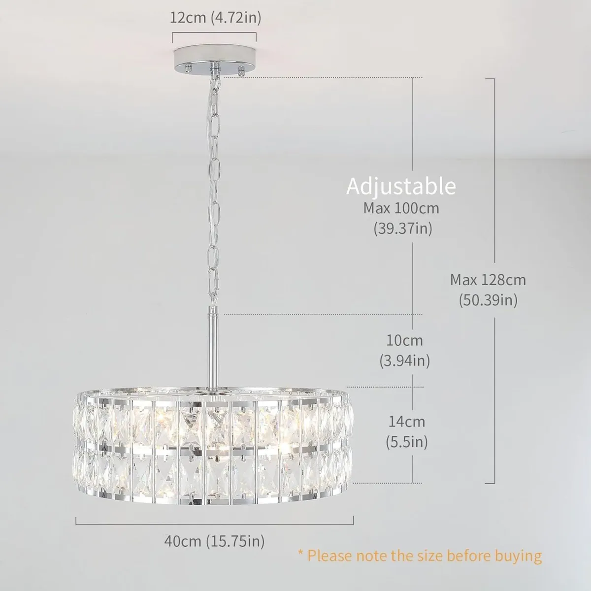 Chrome Metal Round Crystal Pendant Light Adjustabl - Image 3