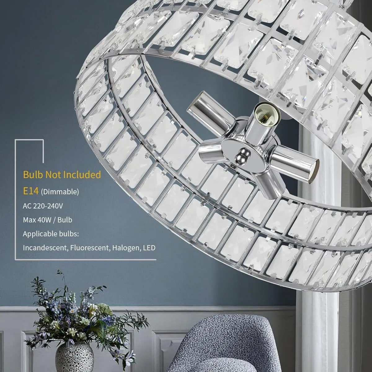 Chrome Metal Round Crystal Pendant Light Adjustabl - Image 4