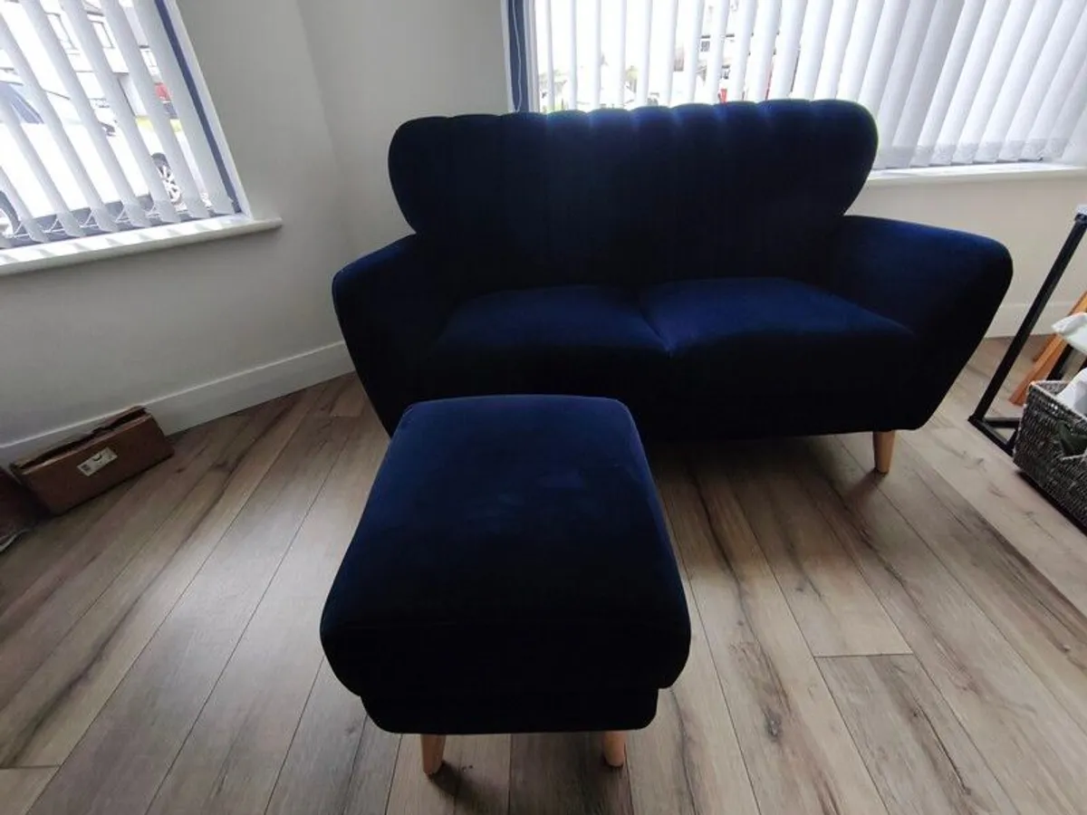 2-Seater Navy Velvet Sofa & Matching Footstool - Image 1
