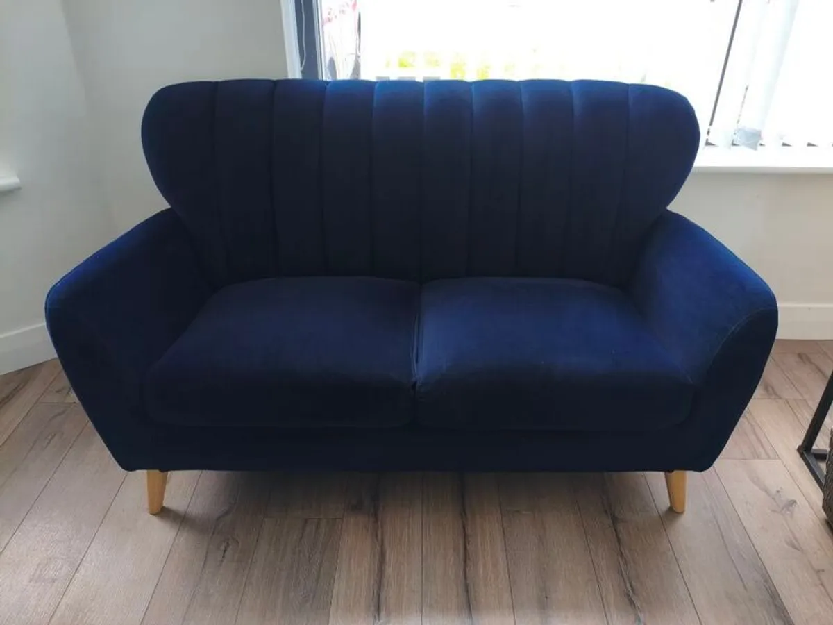 2-Seater Navy Velvet Sofa & Matching Footstool - Image 2