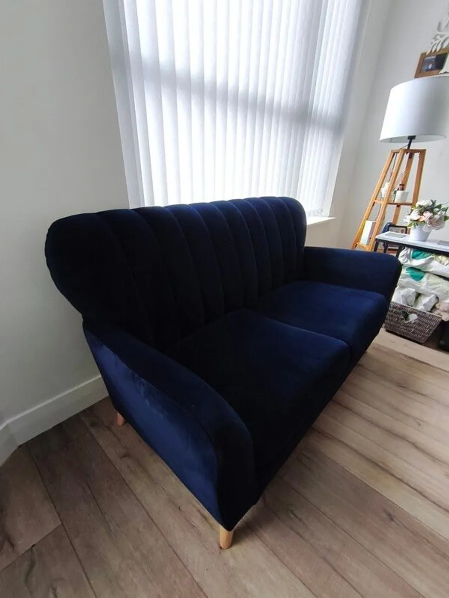 2-Seater Navy Velvet Sofa & Matching Footstool - Image 3